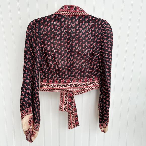Zimmermann Jaya Cropped Tie Front Printed Linen Blouse Top Red Black Size 0 XS - Picture 3 of 7